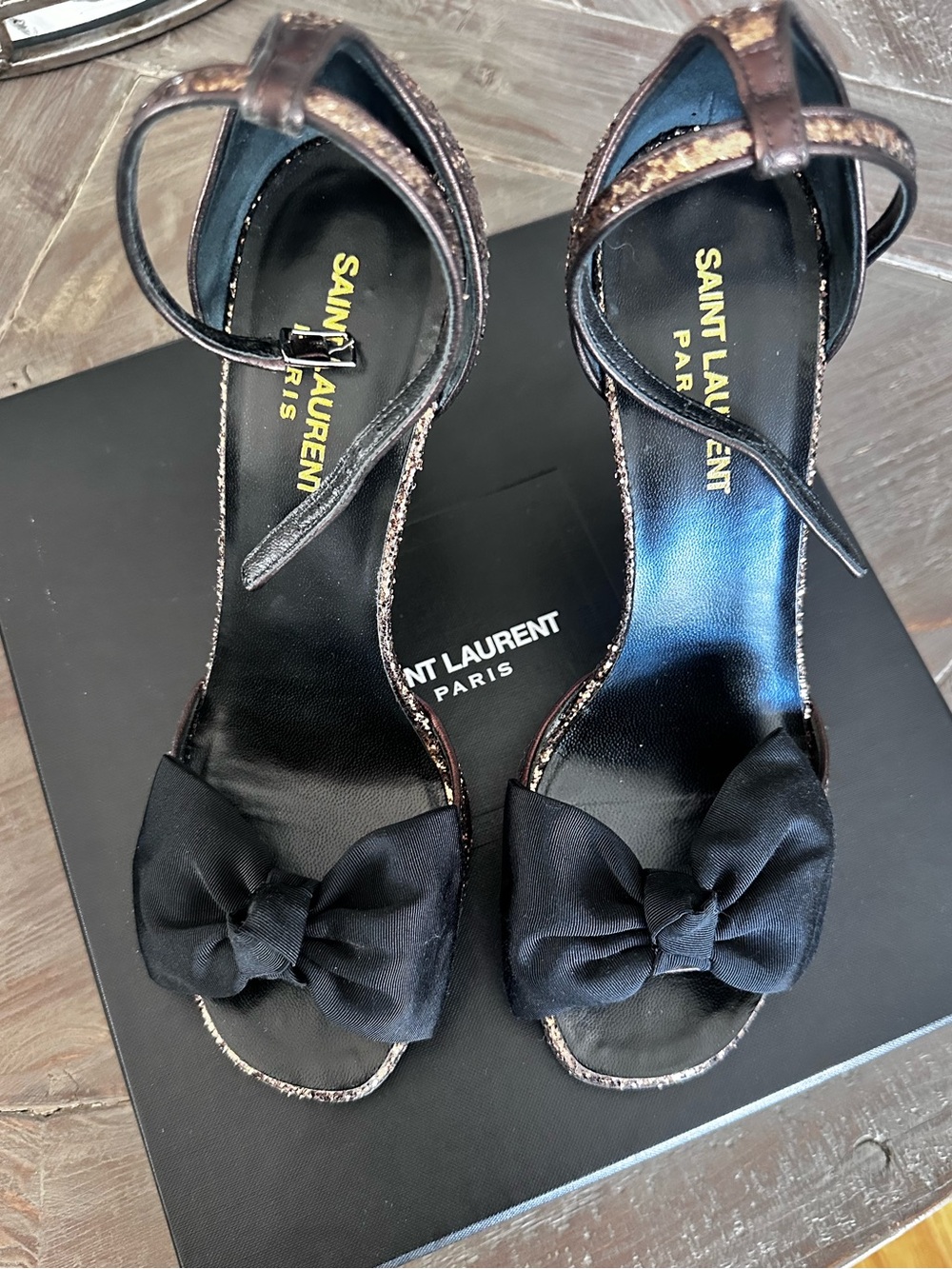 Saint Laurent Black Bow Ankle-Strap Heels with Metallic Trim - Picture 1 of 7